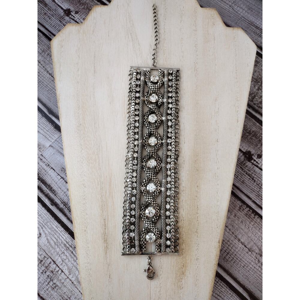 Vintage-Style Wide Silver/Pewter-Tone Cuff Bracelet with Rhinestones Accents - Picture 2 of 11
